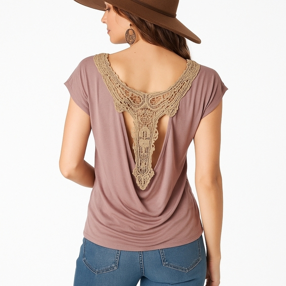 Daytrip Lavender Crochet Lace Back Drape Top Boho Open Back Shirt Size L - Picture 8 of 8